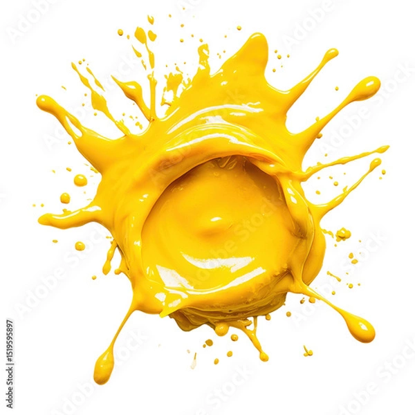 Fototapeta A top view of bright yellow curry sauce drop on ground, white backdrop