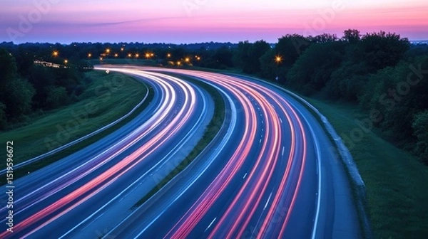 Fototapeta Long Exposure Light Trails on Highway at Dusk with Twilight Sky