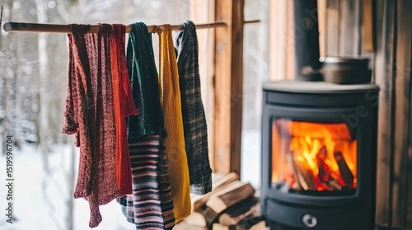 Fototapeta Cozy Winter Scene with Colorful Fabrics Near a Rustic Fireplace