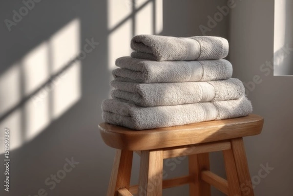 Fototapeta Soft towels arranged on a wooden stool in the gentle morning light, creating a cozy ambiance in a serene bathroom environment