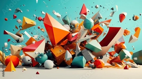 Obraz A chaotic yet organized explosion of 3D polygons and abstract shapes.