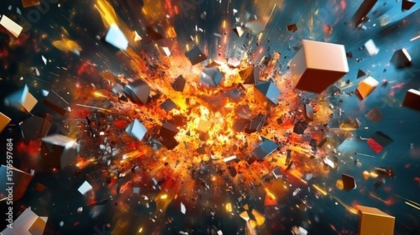 Obraz A chaotic yet organized explosion of 3D polygons and abstract shapes.