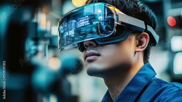 Obraz A close-up of an engineer using augmented reality glasses to monitor IoT-driven manufacturing.