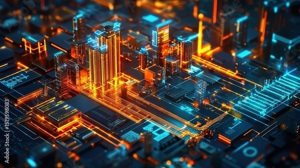 Obraz A futuristic blueprint of a smart factory, integrating 5G, IoT, and AI-driven systems.