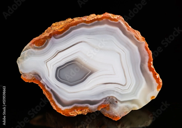 Fototapeta Closeup a cut polished agate precious stone on black background. Gemstone cross section with smooth surface, white gray striped pattern and bold rusty orange border. Natural mineral of Morocco origin.