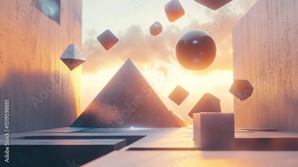 Obraz A surreal 3D environment with abstract floating cubes, pyramids, and spheres.