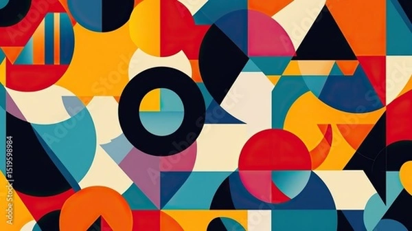 Obraz A vibrant abstract geometric pattern with overlapping circles, triangles, and bold colors.
