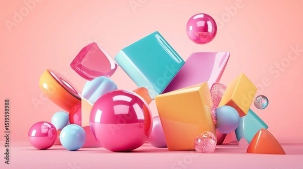 Obraz A vibrant composition of glossy, inflated geometric shapes in pastel tones.