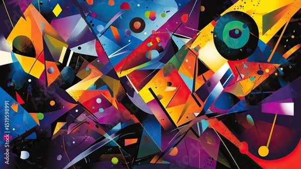 Obraz A vibrant and chaotic abstract geometric design with irregular shapes and splashes of color.