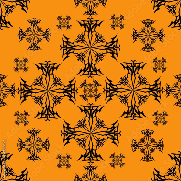 Obraz Seamless pattern with abstract black snowflake-like shapes on orange background. Vector illustration for your prints and designs