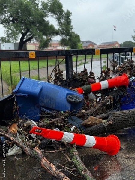 Obraz Flood debris against a guardrail after wind and  flood waters. Damage from a flooding event in a residential neighborhood after severe rains. Insurance claim aftermath from flood damaged areas.