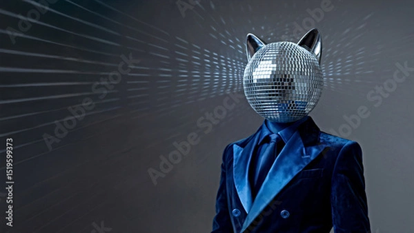 Obraz Party invitation background of a man in a dark blue velvet suit and disco ball head with metallic cat ears. Dark grey background with radiating light beams. Space for text.
