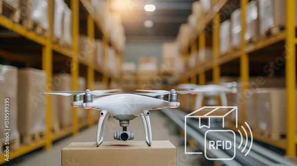 Fototapeta A drone with RFID technology hovers over a package in a modern warehouse, surrounded by shelves with boxes.