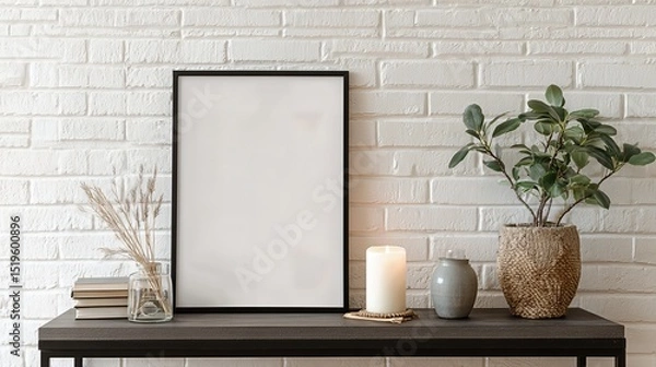 Fototapeta A blank picture frame hangs on a white brick wall, surrounded by simple decor in a stylish living room.
