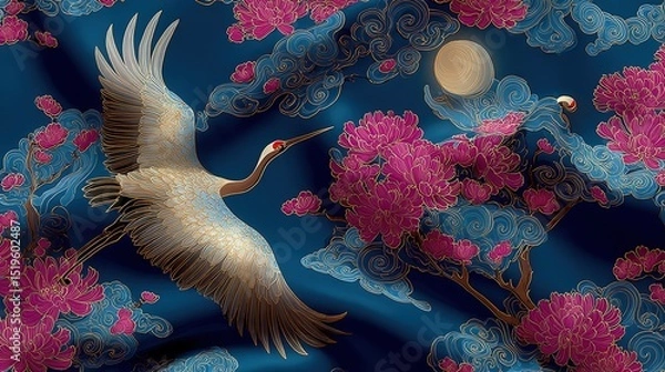 Fototapeta Japanese inspired fabric, Elegant crane flies among blooming pink flowers and clouds under a golden moon on a deep blue background in an ornate, Asian-inspired design.