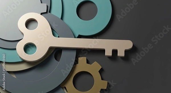 Fototapeta Close up of a rusty key with industrial gears and steel cogwheels, symbolizing mechanical engineering and business technology