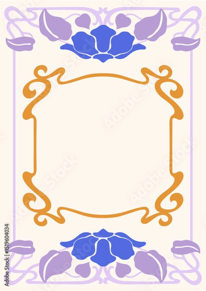 Fototapeta Art Nouveau style illustration vector poster. Vintage print design with whimsical florals frames and flowers