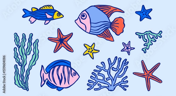 Fototapeta Underwater ocean life minimalist simple illustrations set. Sea fishes, starfishes, seaweeds, corals vector doodles