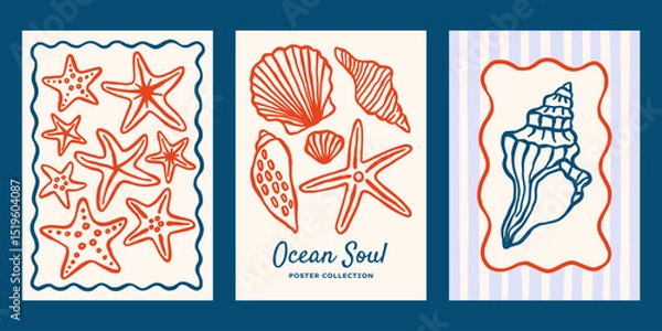 Fototapeta Ocean underwater vector posters set. Minimalist retro sea print designs with outline seashells and starfishes illustrations in whimsical frames
