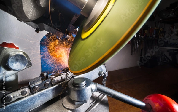 Fototapeta Closeup of chainsaw chain sharpening with rotating disc of grinder machine. Sharp blade of wheel with hot flying sparks at grinding steel tooth edge of cutting tool by professional electric sharpener.
