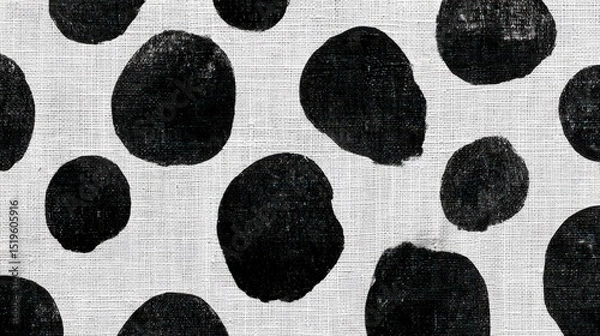 Fototapeta Japanese inspired fabric, Black irregular polka dots on a textured white fabric background, creating a bold and artistic abstract pattern.