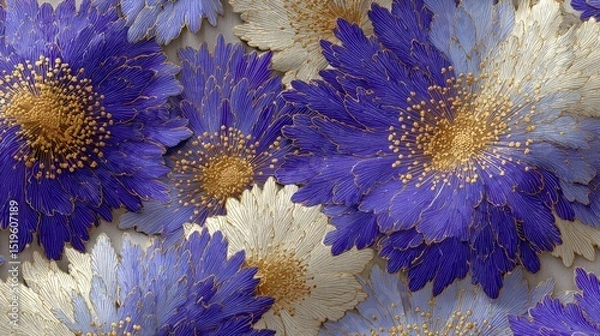 Fototapeta Japanese inspired fabric, Vibrant blue and cream flowers with intricate detailing overlap in a visually striking, textured floral pattern.