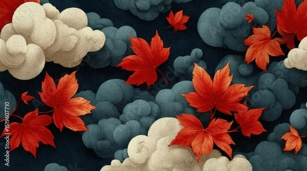 Fototapeta Japanese inspired fabric, Vivid red maple leaves float among textured blue and beige clouds on a dark, artistic background.