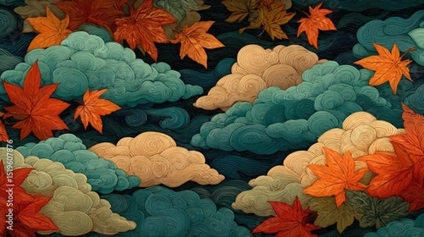 Fototapeta Japanese inspired fabric, Artistic autumn leaves float above swirling, textured clouds in a vivid, nature-inspired illustration.