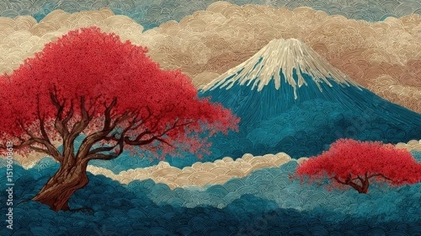 Fototapeta Japanese inspired fabric, Stylized Japanese landscape featuring cherry blossom trees and a snow-capped mountain, reminiscent of traditional woodblock art.