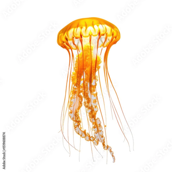 Fototapeta Glowing Orange Jellyfish Floats In Dark Water, Captivating And Otherworldly Marine Life, Isolated On White or transparent.