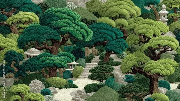 Fototapeta Japanese inspired fabric, Lush Japanese garden with sculpted trees, winding stone path, lanterns, and serene greenery, evoking a peaceful, traditional atmosphere.