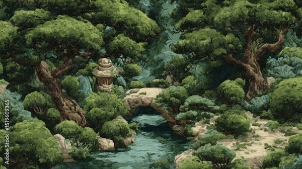 Fototapeta Japanese inspired fabric, A serene, lush Japanese garden featuring a stone lantern, arched bridge, winding stream, and vibrant, green trees.