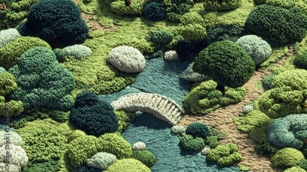 Fototapeta Japanese inspired fabric, A small stone bridge crosses a winding stream surrounded by lush, textured trees and greenery, resembling embroidered art.