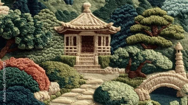 Fototapeta Japanese inspired fabric, Embroidered scene featuring an Asian-inspired pavilion, lush greenery, and a stone path in a tranquil garden setting.