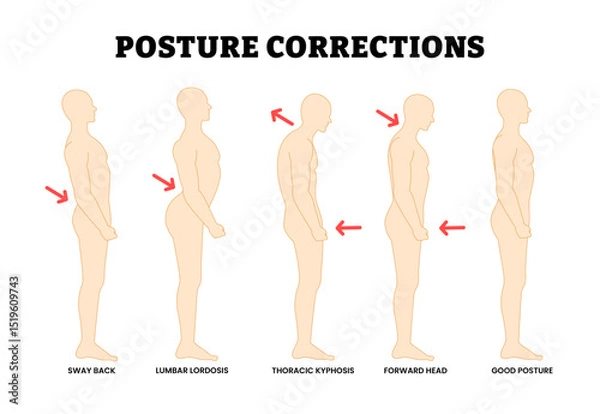 Obraz Posture Correction. Spinal Deformities, Incorrect Alignment. Educational Medical Poster Design Healthcare Scheme, Labeled Forward Head, Good Posture, Lumbar Lordosis, Sway Back, Thoracic Kyphosis.