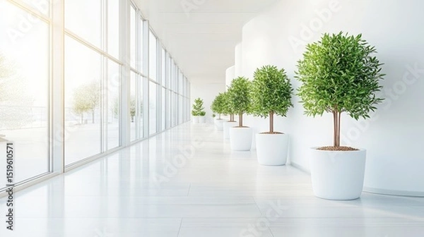 Fototapeta Green potted plants line bright corridor. White walls and floor reflect sunlight. Glass windows show trees outside. Modern interior with minimalist design.