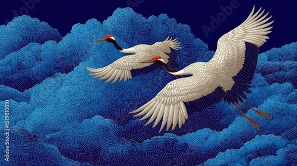 Fototapeta Japanese inspired fabric, Two elegant cranes with red crowns soar gracefully above swirling blue clouds against a dark sky in an ornate, stylized artwork.