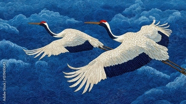 Fototapeta Japanese inspired fabric, Two elegant cranes with red crowns fly gracefully over swirling blue clouds in a stylized, artistic depiction.
