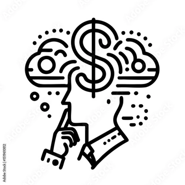 Fototapeta Enigmatic Figure with Money Thoughts Concealed Behind Dollar Sign in Minimal Contemporary Outline Artwork