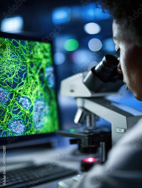 Fototapeta Female Biologist Using Electron Microscope to Conduct Scientific Cell Research in Modern Lab