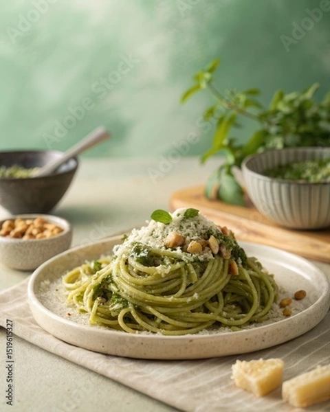 Fototapeta A plate of spaghetti pasta with green pesto sauce, nuts, and cheese, garnished with fresh herbs and served on a rustic table.