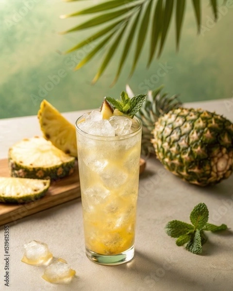 Fototapeta Refreshing pineapple cocktail with crushed ice, mint garnish, and fresh pineapple slices, set in a tropical atmosphere.