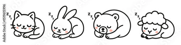 Fototapeta Cute minimalist illustration set of sleeping animals including a cat, rabbit, bear, and lamb. Ideal for children's products, baby shower designs, nursery decor, or educational materials
