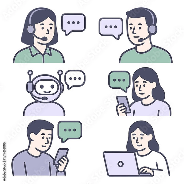 Fototapeta Human and robot customer service representatives and users interacting via smartphones and laptops. Vector illustration EPS 10