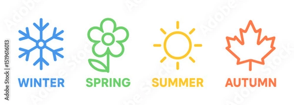 Fototapeta Bright, clean vector icons representing the four seasons: winter, spring, summer, and autumn. Suitable for calendars, weather apps, infographics, and seasonal content