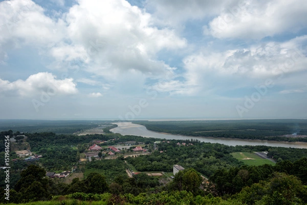 Fototapeta Scenic Aerial View from Jugra Hill Overlooking Langat River and Lush Forests, Kuala Langat, Selangor, Malaysia