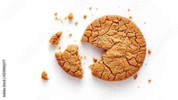 Fototapeta Single round ginger biscuit. Single round ginger biscuit with crumbs and bite missing, isolated on white from above