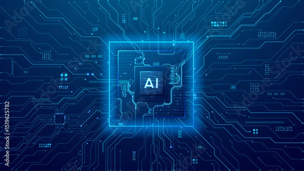 Fototapeta AI microchip on blue digital circuit board. Modern technology background. AI innovation concept. Artificial 3D semiconductor detailed electronics components. PCB light blue vector layout illustration