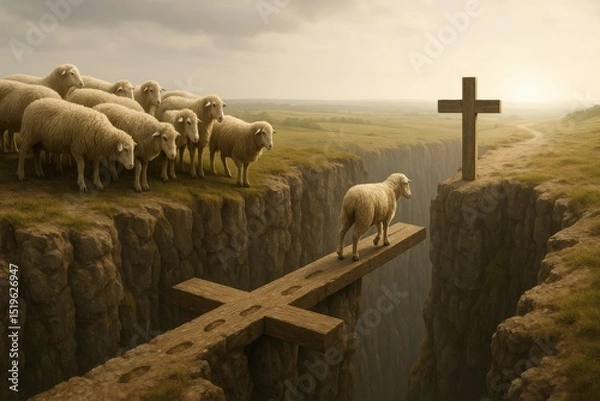 Fototapeta One sheep walks across a wooden cross used as a bridge over a canyon toward salvation, while the flock hesitates. Symbol of faith, Jesus as the way, and the path to eternal life