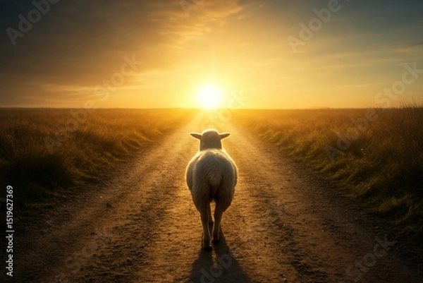 Fototapeta Lamb walking alone on a dirt path toward a bright horizon at sunrise. Strong visual metaphor of hope, salvation, spiritual journey, and the contrast between darkness and light